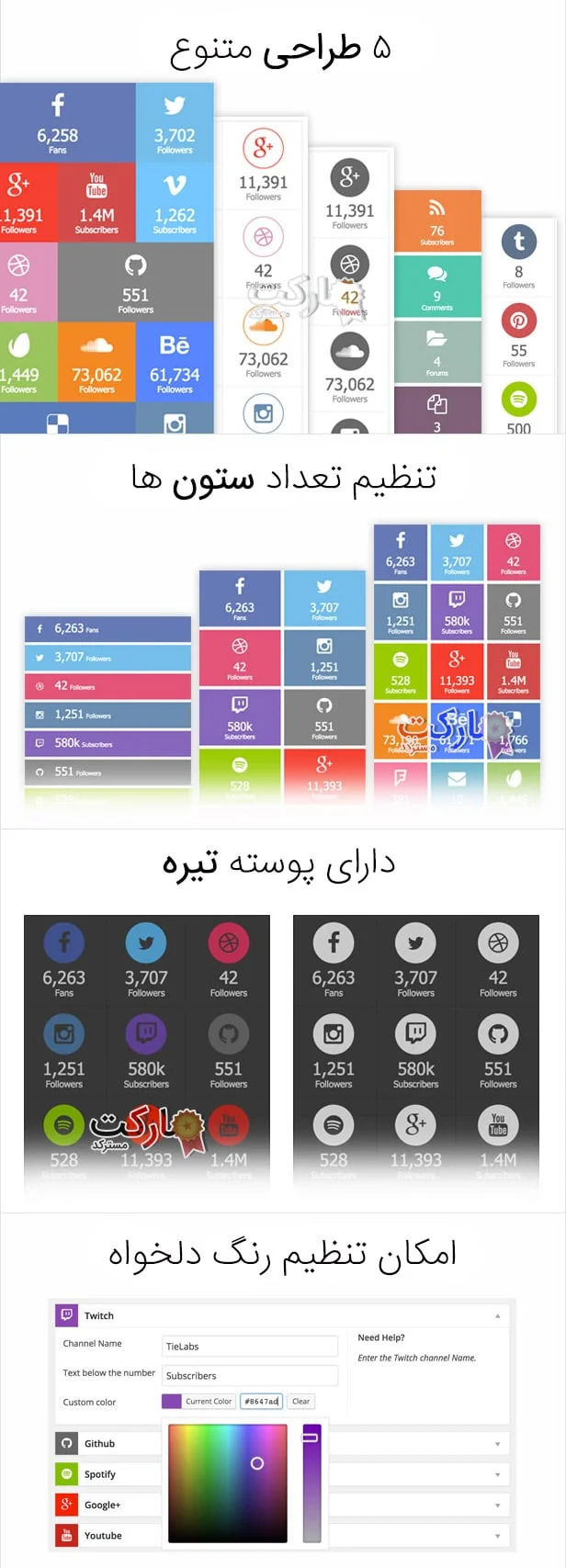 تنظیمات متنوع افزونه شمارنده شبکه های اجتماعی ارقام arqam برای وردپرس
