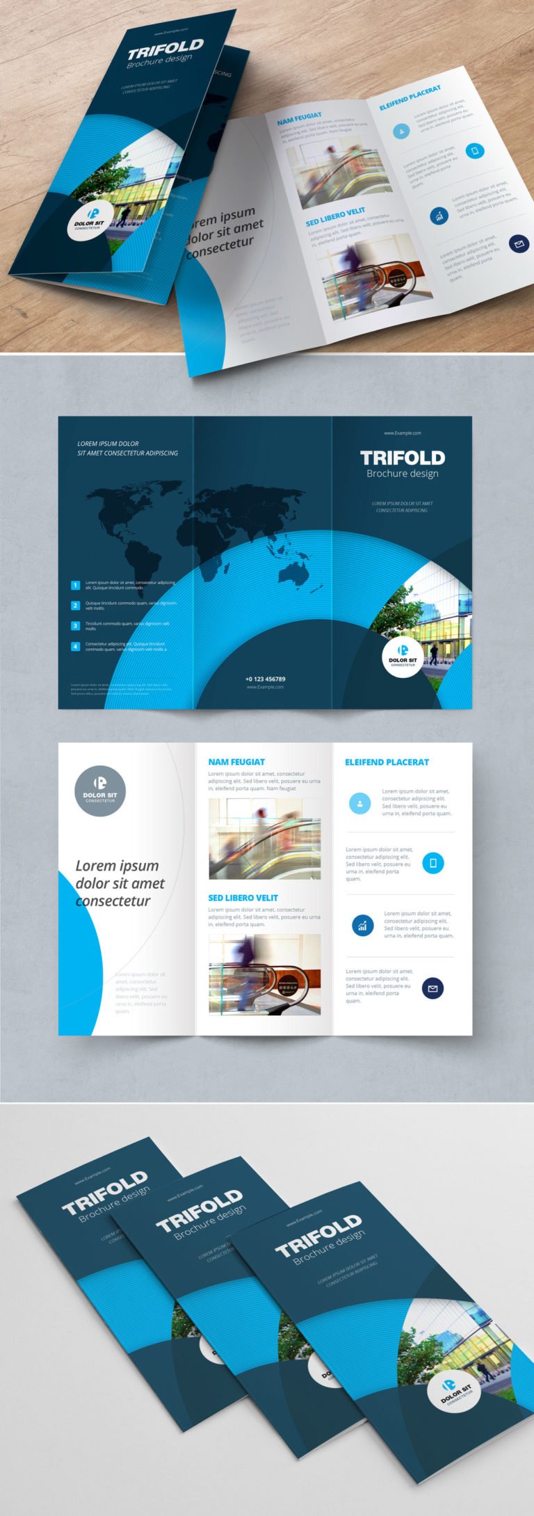 دانلود Dark Blue Trifold Brochure Layout with Circles - طرح بروشور سه لت آبی