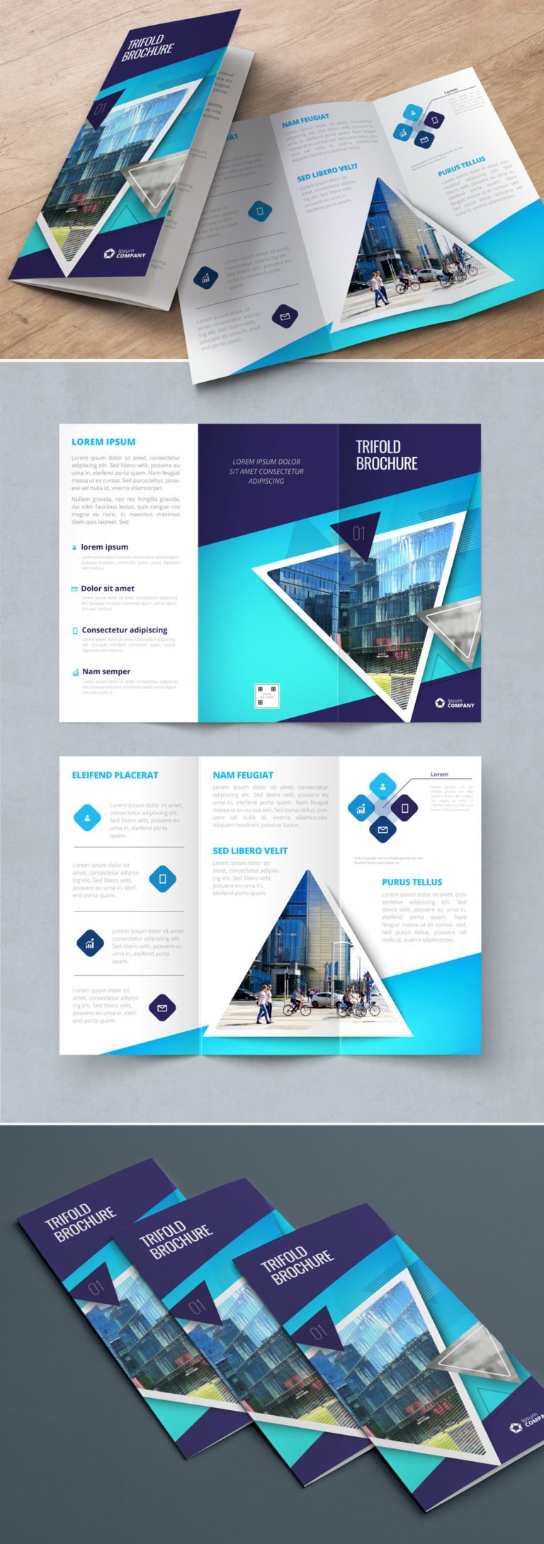 دانلود Dark Blue Trifold Brochure Layout with Triangles - طرح بروشور سه لت