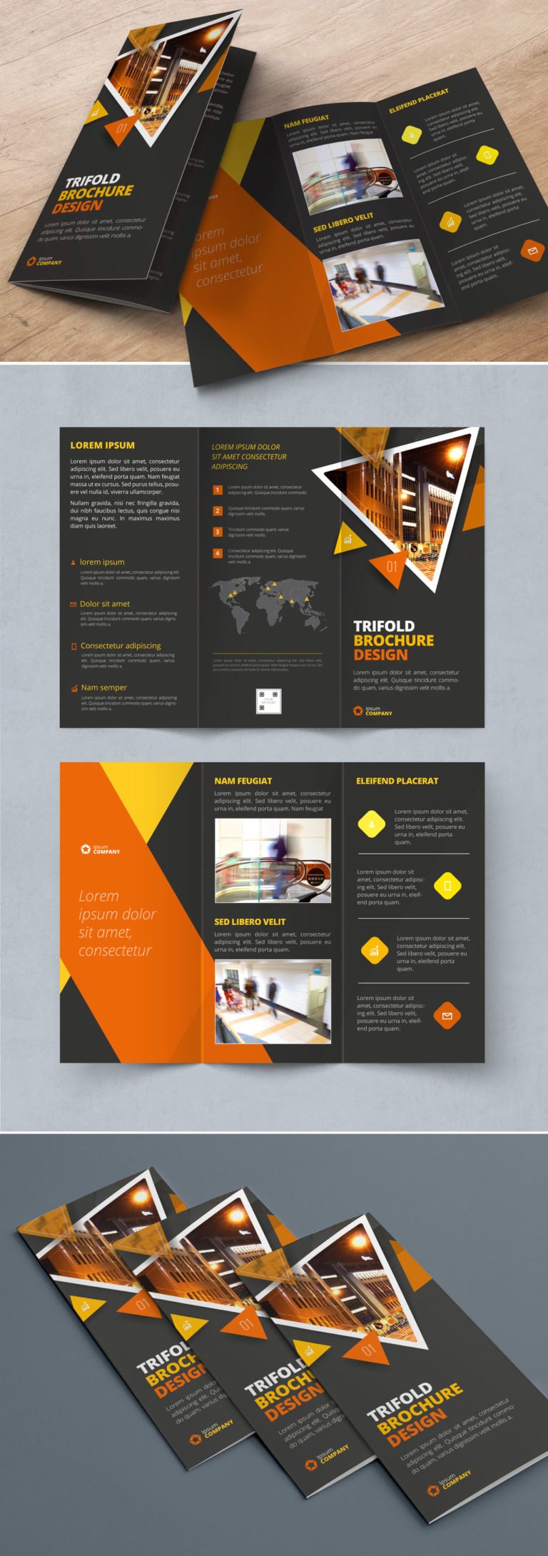 دانلود Dark Orange Trifold Brochure Layout with Triangles - طرح بروشور تیره