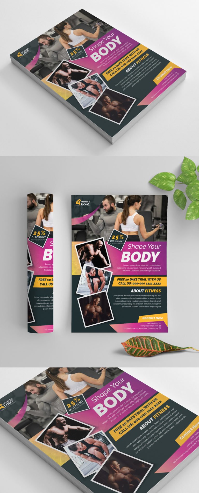 دانلود Fitness Flyer Layout with Purple and Yellow Accents - تراکت بدنسازی بنفش زرد