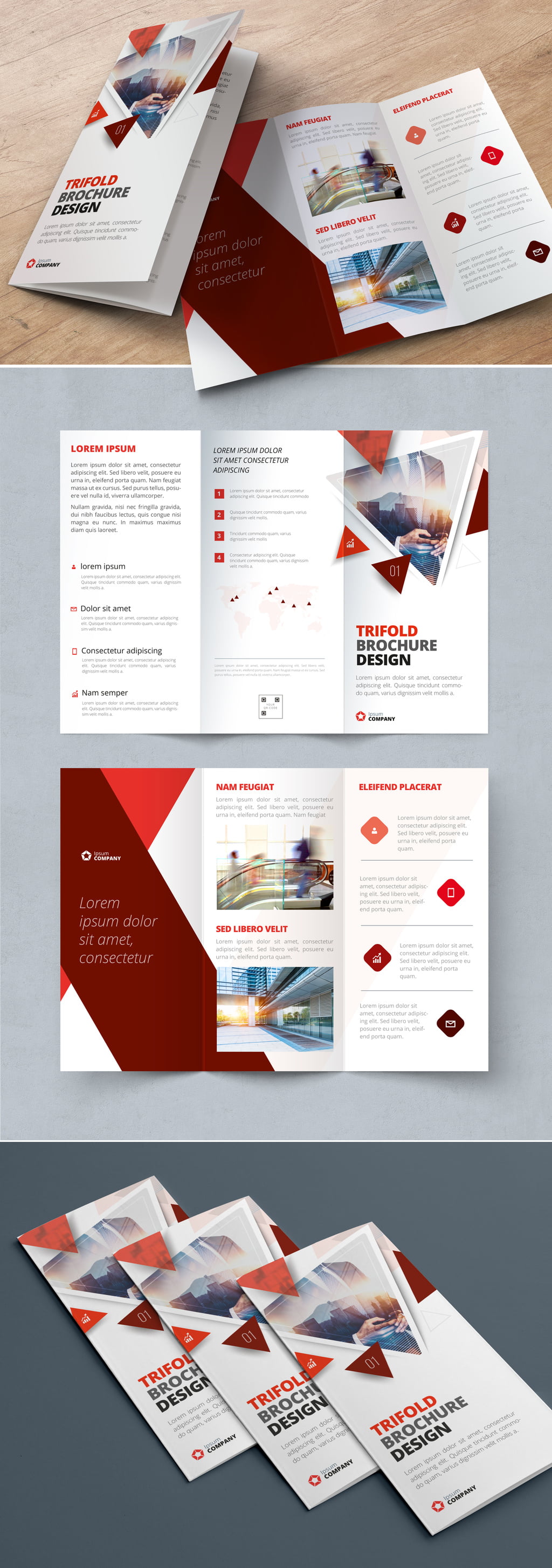 دانلود Red Trifold Brochure Layout with Triangles - طرح بروشور قرمز
