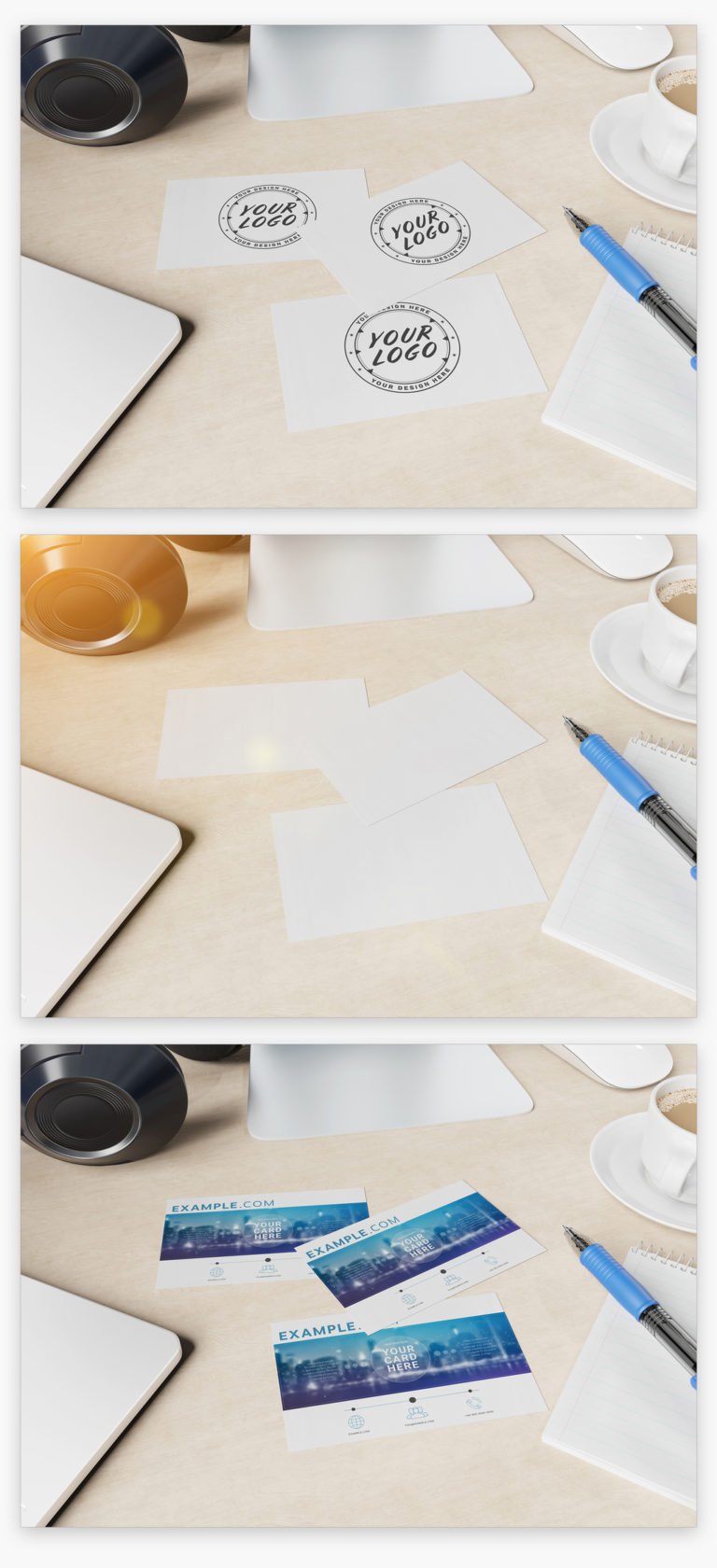 دانلود Three Business Cards on Wooden Desk Mockup
