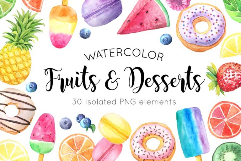 دانلود Watercolor Fruits & Desserts Set - نقاشی میوه و دسر