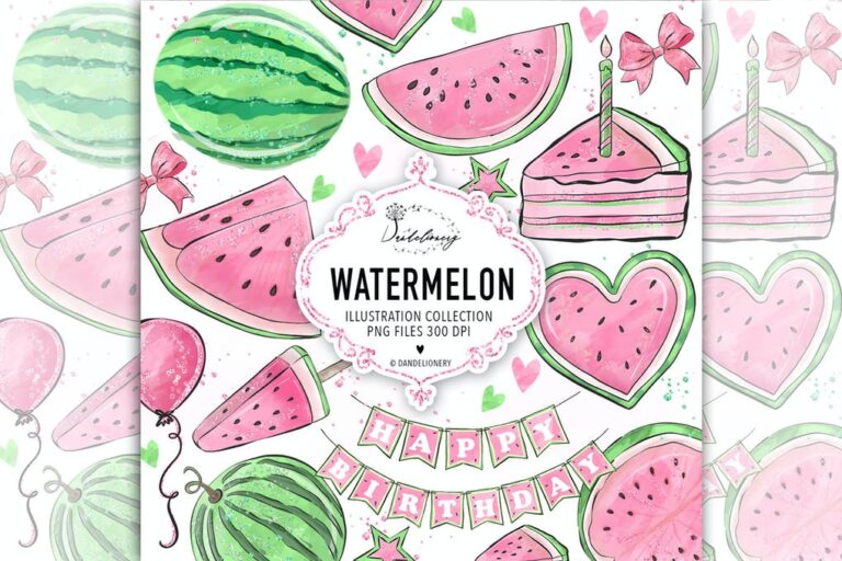 دانلود مجموعه نقاشی Watercolor Pink Watermelon Clipart