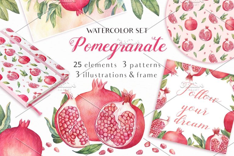 دانلود Watercolor Pomegranates - مجموعه نقاشی آبرنگ انار