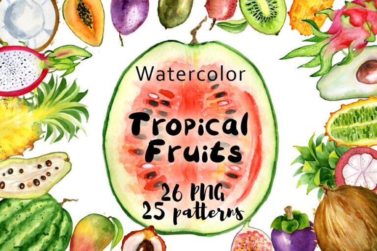 دانلود Watercolor tropical fruits clipart - طرح میوه های استوایی