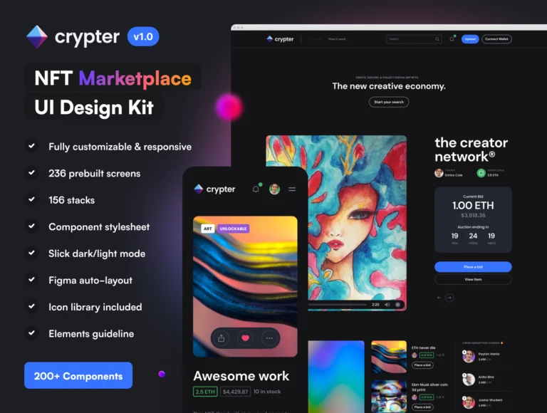 دانلود کیت رابط کاربری فروشگاه NFT و محصولات دیجیتال Crypter