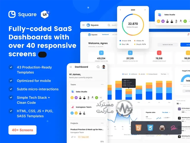 Square داشبورد HTML پنل مدیریتی